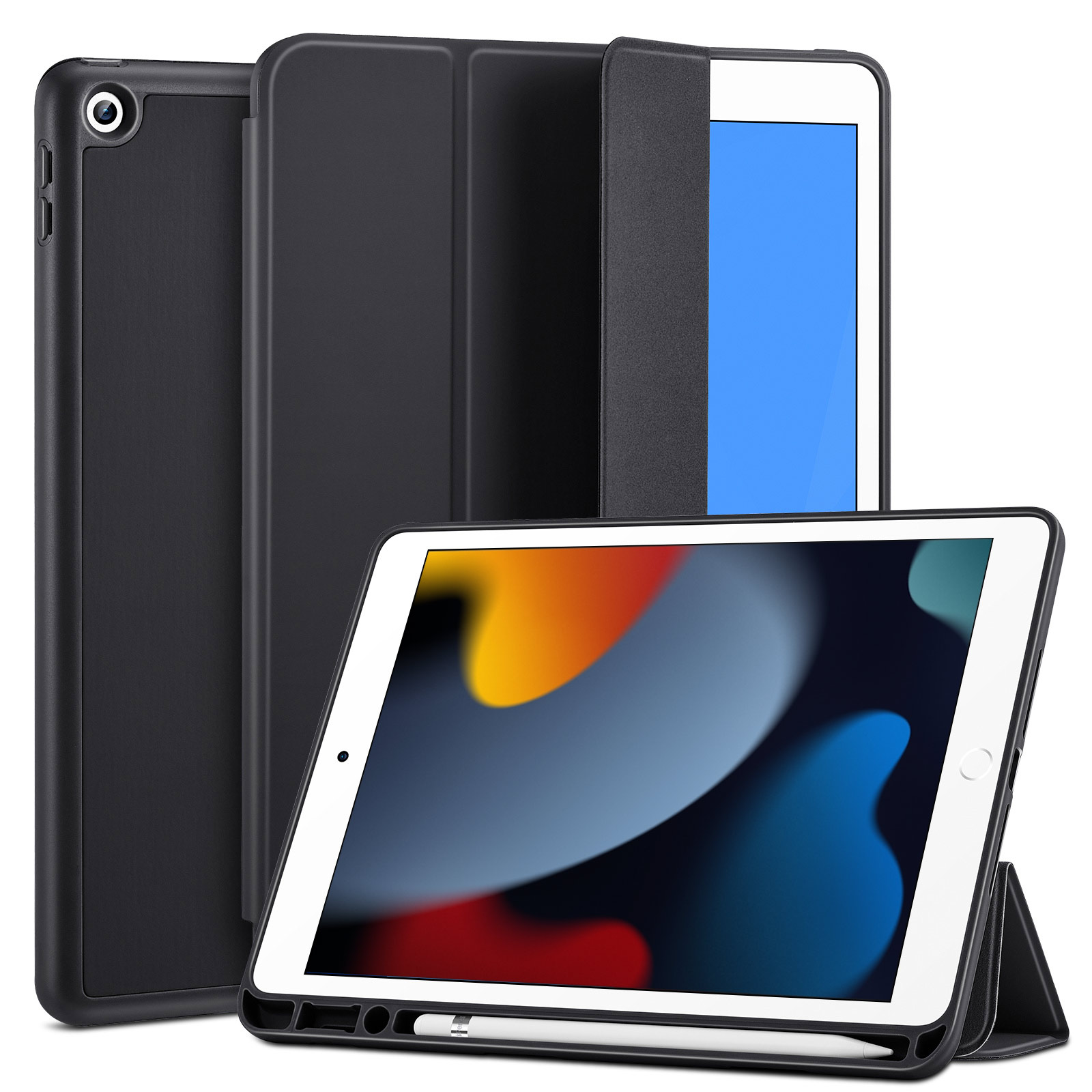 iPad 9.7 Inch 5th 6th Gen 2017-18 Flip Stand Case With Frosted Back And Pen Holder - Black