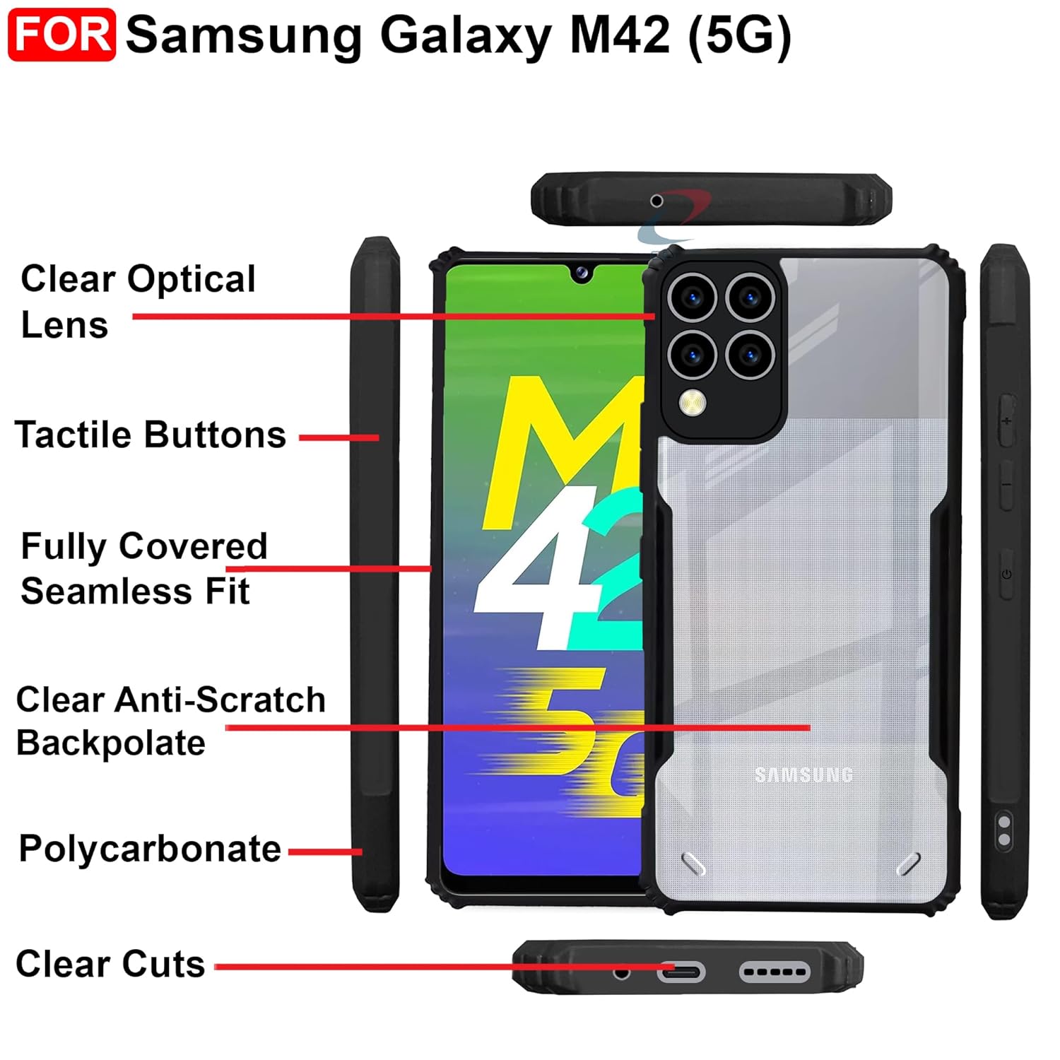Samsung Galaxy M42 A42 5G Clear PC Hybrid Bumper Back Cover - Black