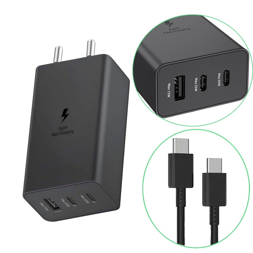 3-Port Fast Charging Wall Charger 65W With USB-C/C & USB-A - Black