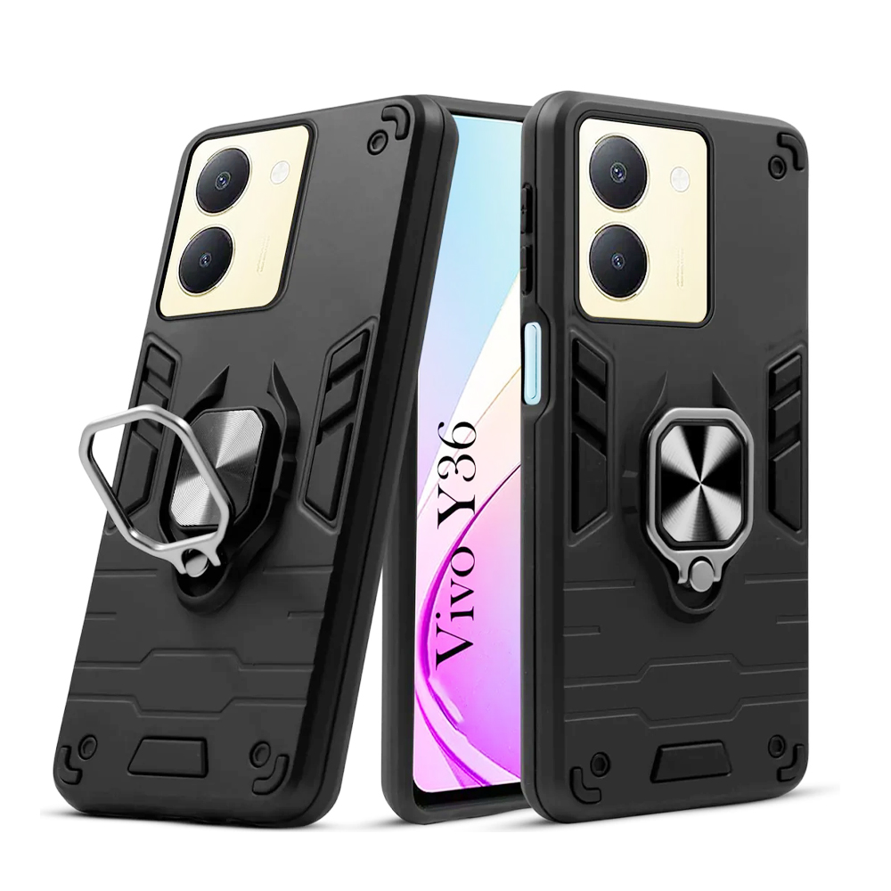 Dual-Layer Armor PC Hybrid Case With Kickstand For Vivo Y36 4G/Y27 5G - Black