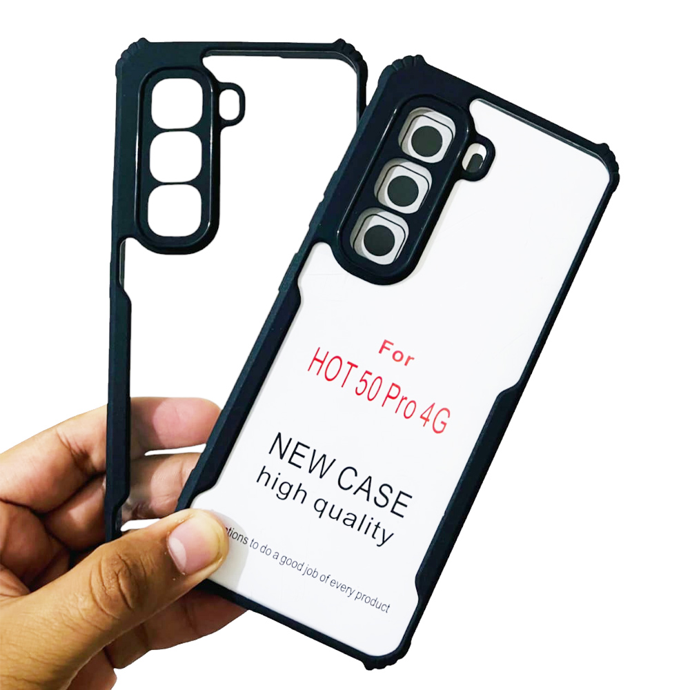 Infinix Hot 50 Pro 4G Bumper Hard Transparent Shockproof TPU Back Cover - Black and Hard clear