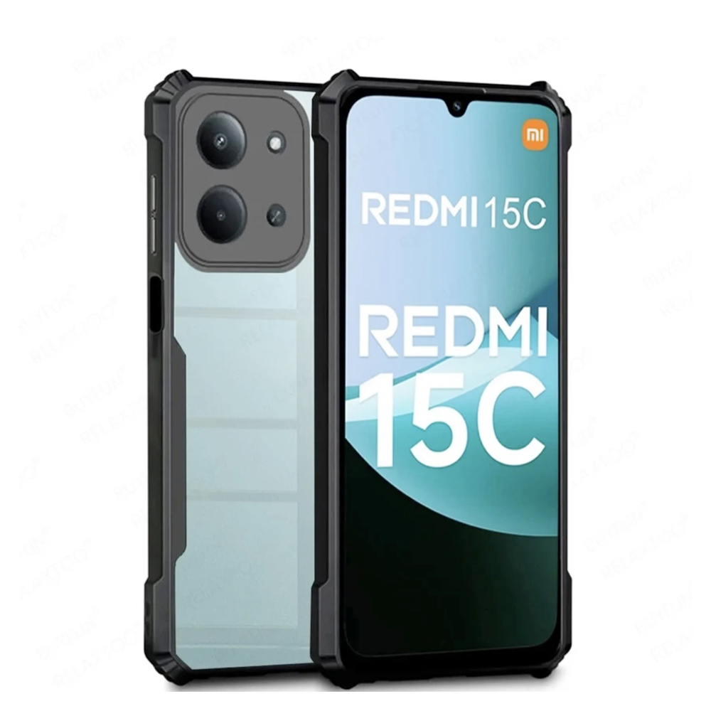 Redmi 15C 4G 2025 Bumper Hard Transparent Shockproof TPU Back Cover - Black and Hard clear