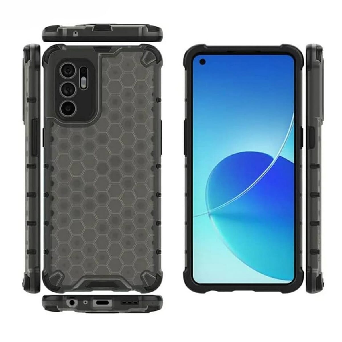 Oppo Reno 6 4G Honeycomb Clear Shockproof Rugged Armor Back Cover - Black (Universal)