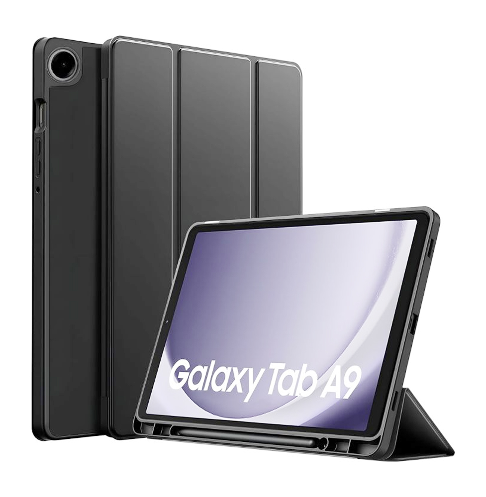 Samsung Galaxy Tab A9 8.7" Black Soft Flip Case with S Pen Holder & Auto Sleep Wake - Black