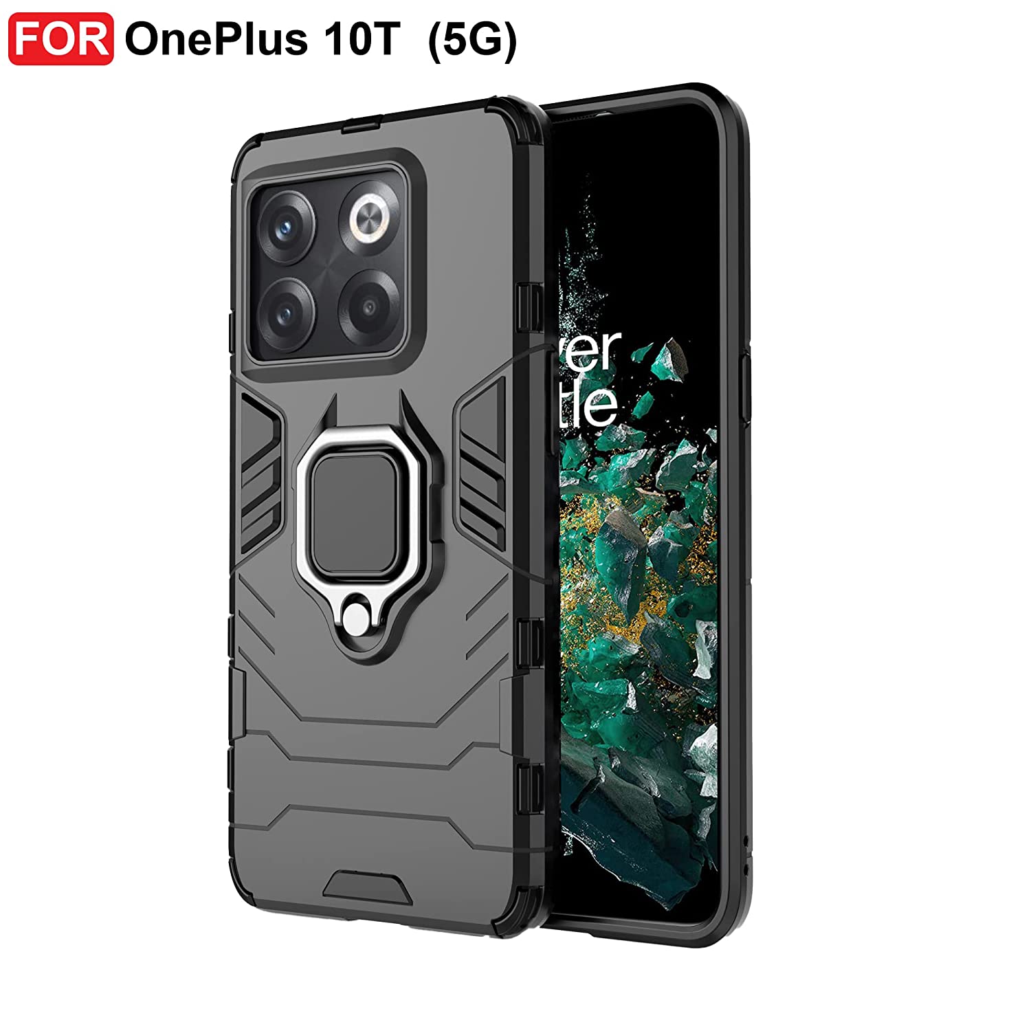 OnePlus 10T 5G Defender Case – Rotating Ring Holder, Kickstand & Camera Protection, Black