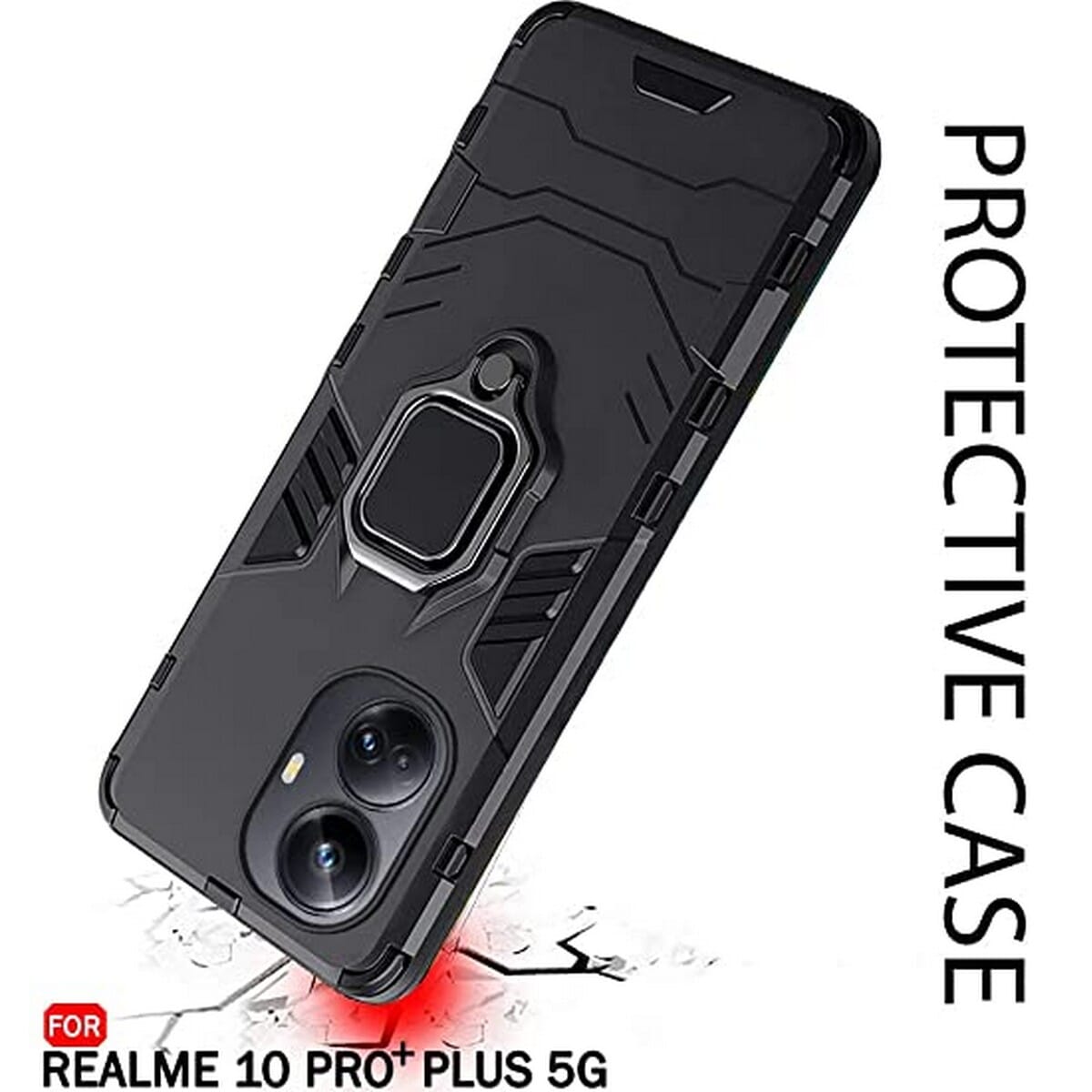 Realme 10 Pro+ 5G Defense Case with Ring Holder, Kickstand & Dual-Layer Anti-Drop Protection – Black