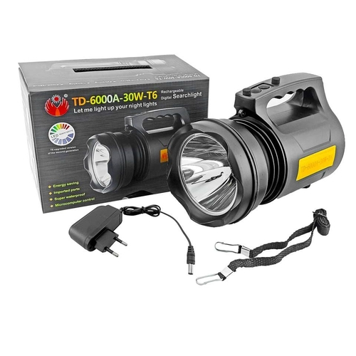 TD-6000A-30W-T6 Torchlight Rechargeable Digital Searchlight Emergency Light - Black