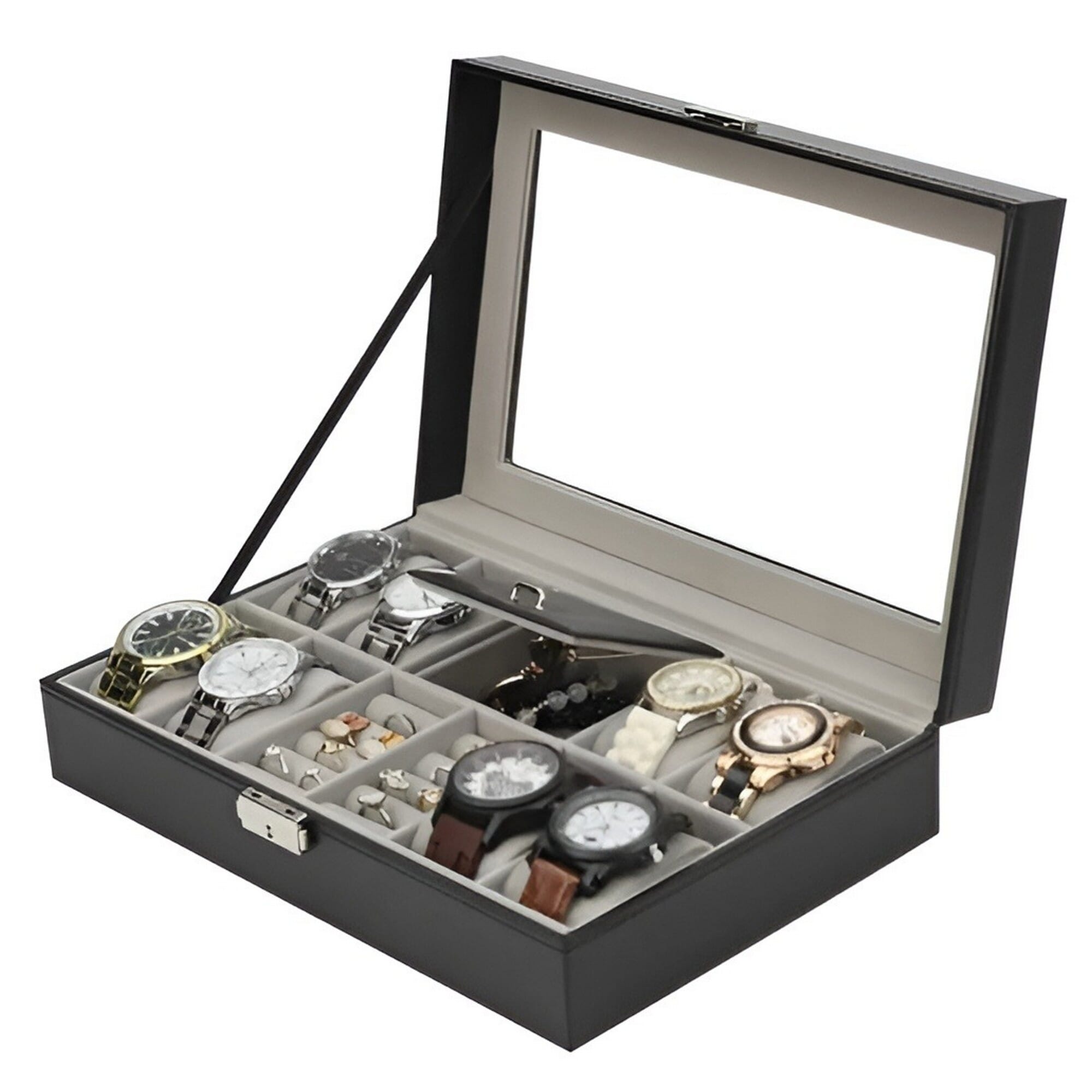 8 Slot Watch Plus 2 Ring Slot With 1 Jewelry Slot Lockable Storage Box - Black