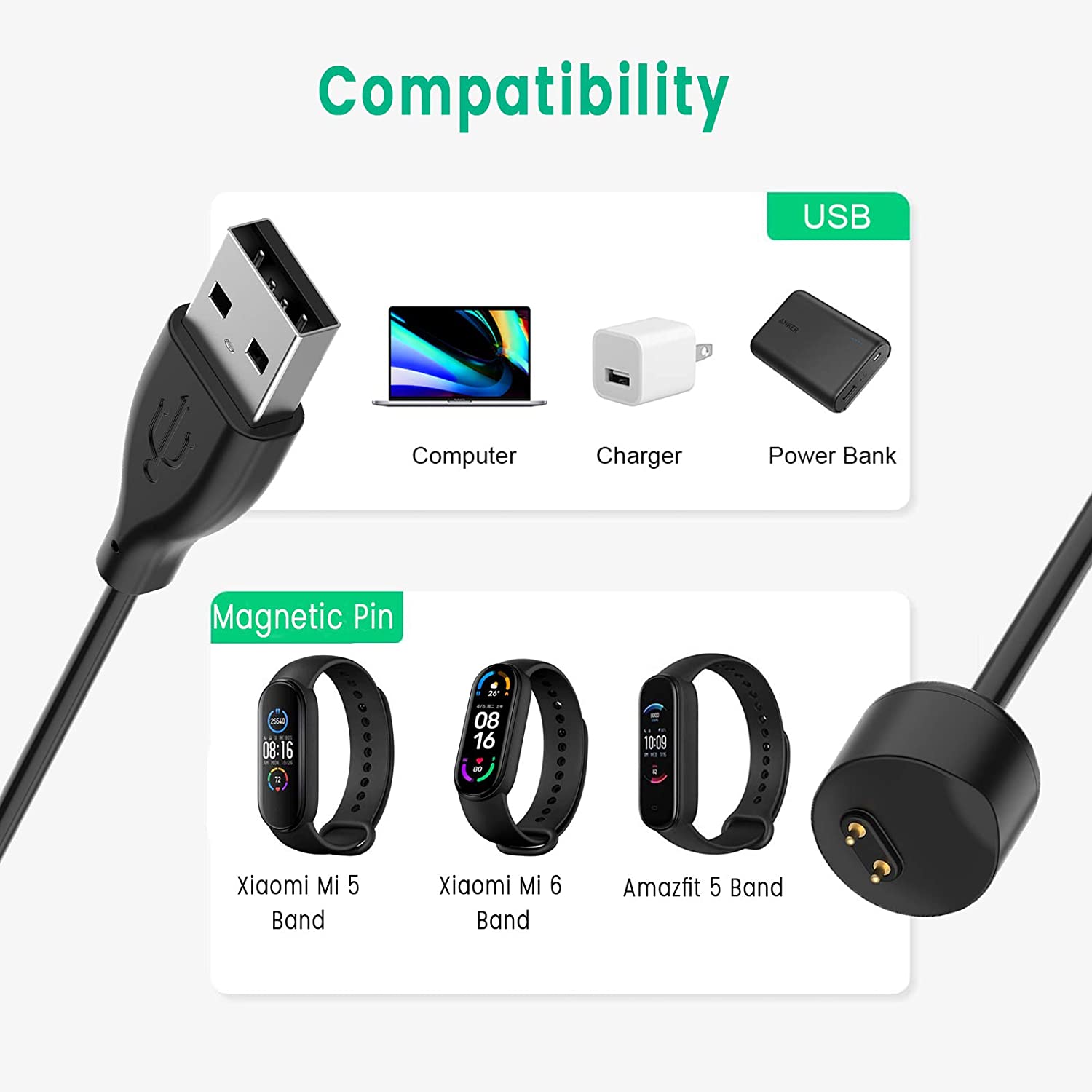 Mi 6 Usb Charging Cable For Xiaomi Mi Band 5 6 Smartwatch Replacement Adapter - Black