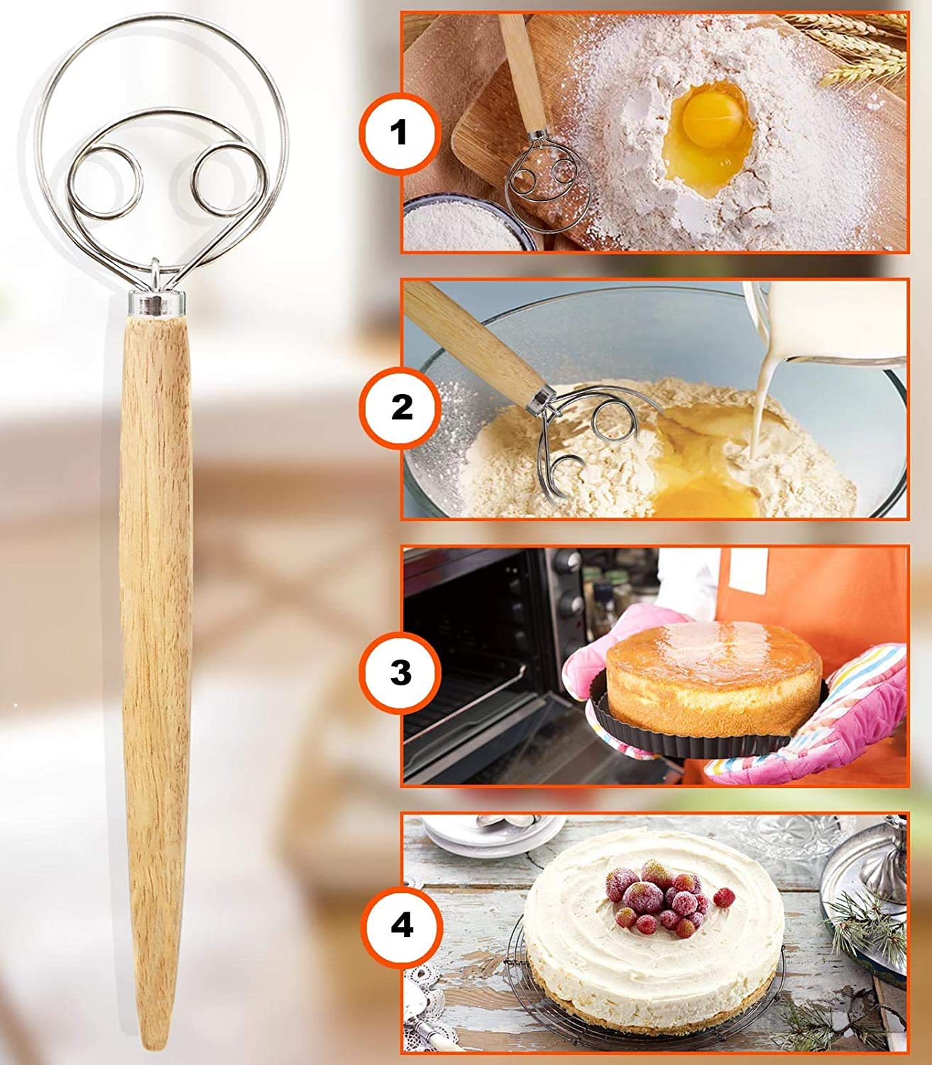 13.2 Inch Double-Loop Dough Whisk – Stainless Steel with Wooden Handle for Baking