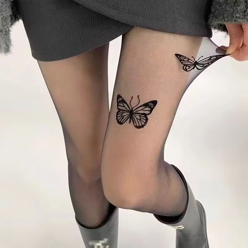 Women’s Butterfly Print Ultra-Thin High-Waist Summer Stockings - Black (Free Size)