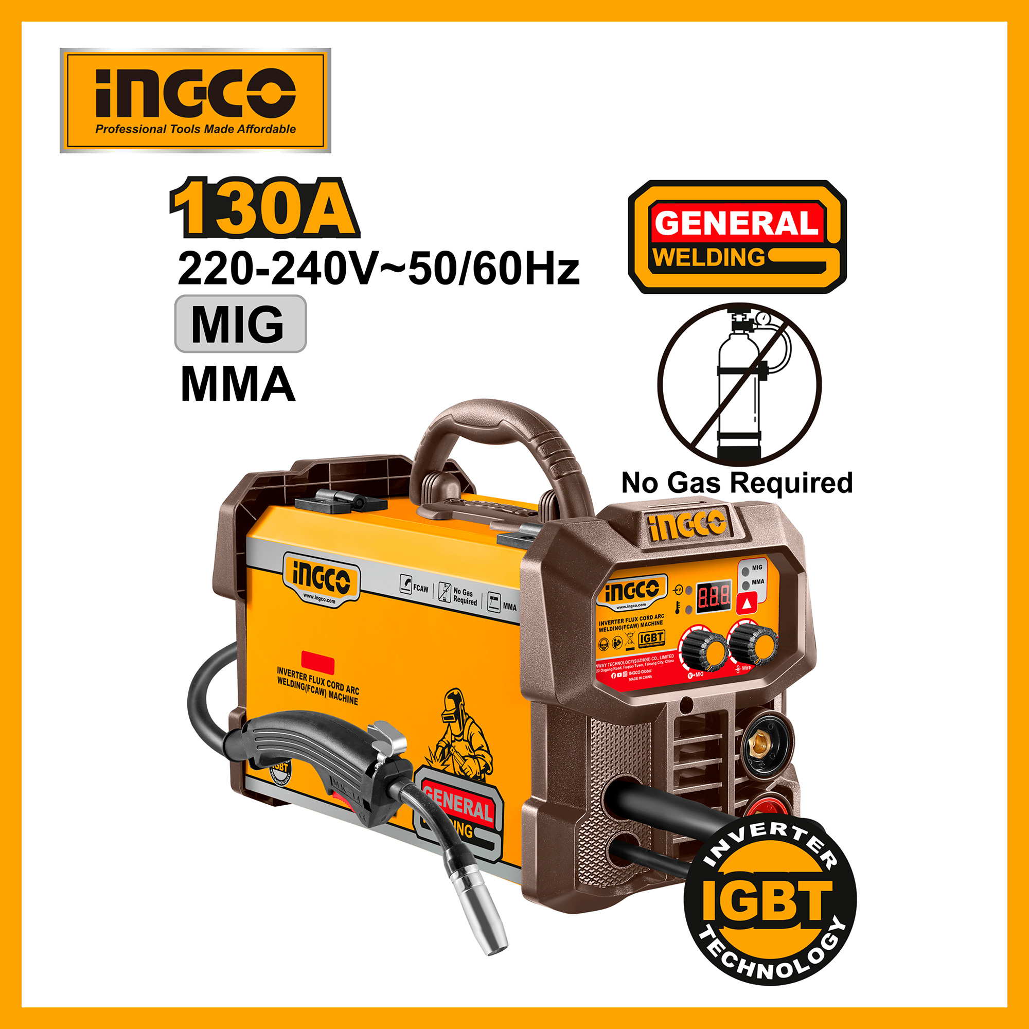 Ingco 130A Mig Mma Inverter Flux Cord Arc Welding Machine ING-FC13018 - Multicolor