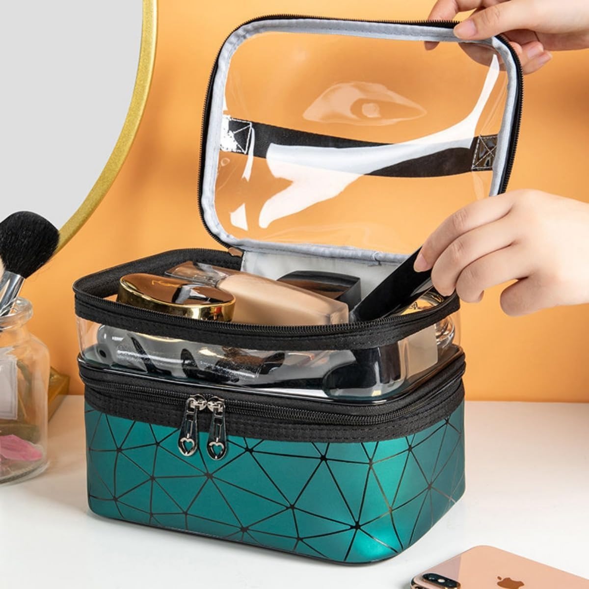Large, Clean, Double Layer Makeup Bag - Multicolor