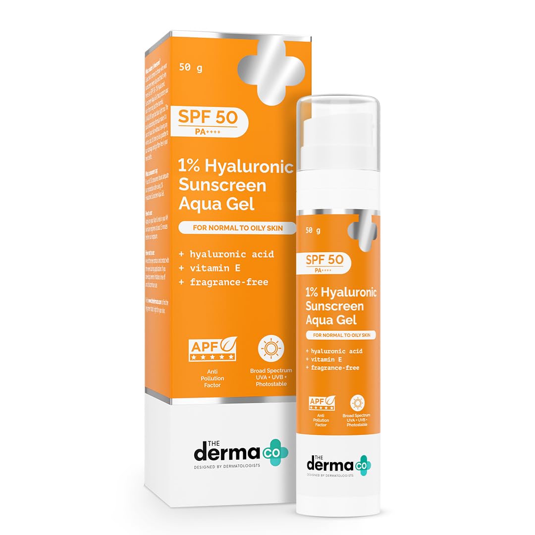 The Derma Co 1% Hyaluronic Sunscreen Aqua Gel SPF 50 PA++++ | Hydrating, Lightweight & Non-Greasy | No White Cast | Broad Spectrum & Blue Light Protection | 50 g