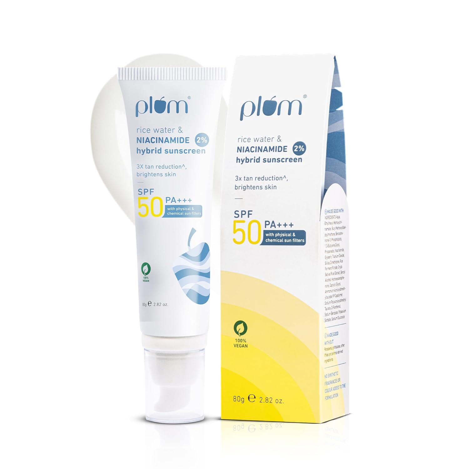 Plum 2% Niacinamide Sunscreen SPF50 PA+++ | Rice Water | No White Cast, Lightweight & Water-Resistant | Brightening Sun Protection | 80g