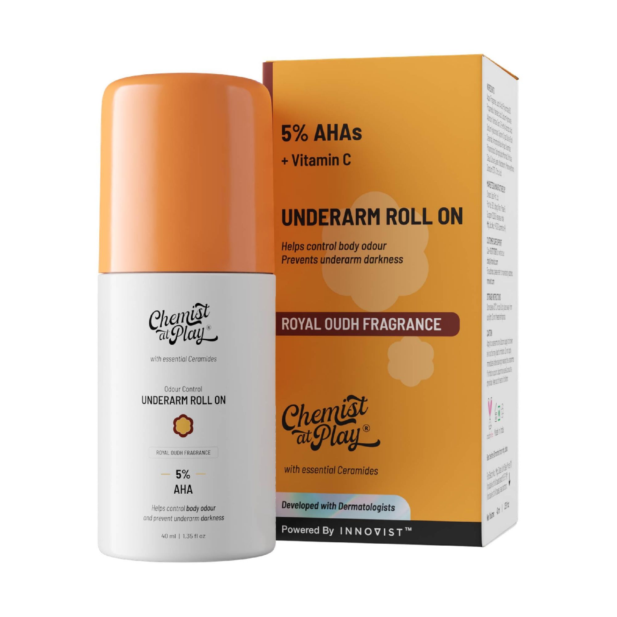 Chemist at Play Underarm Roll-On Deodorant with 5% AHAs + Vitamin C Royal Oudh Fragrance - 40ml