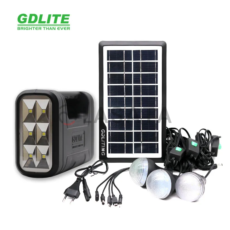 Gdlite GD8017A | Mini Portable Solar Power Station | Small Inverter | Small Solar Lighting System With 3 Light Bulbs | Solar + AC | Emergency Light | Mobile Charger | Flashlight