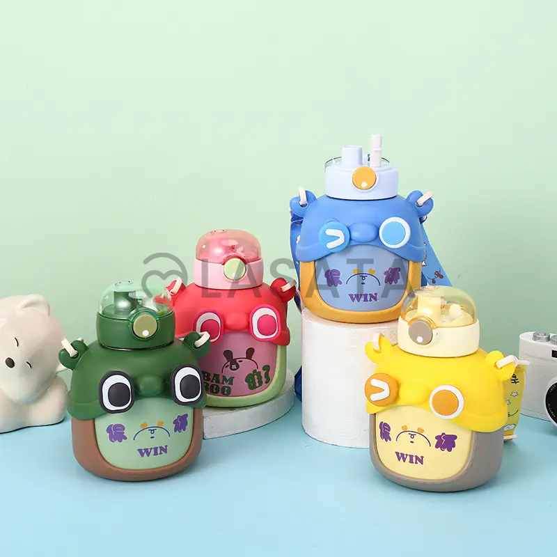 600ml Stainless Steel Water Bottle for Baby & Toddlers, Big Belly Cartoon Cute Shoulder Strap Thermos Vacuum Wall Juice Mug With Double Drink
