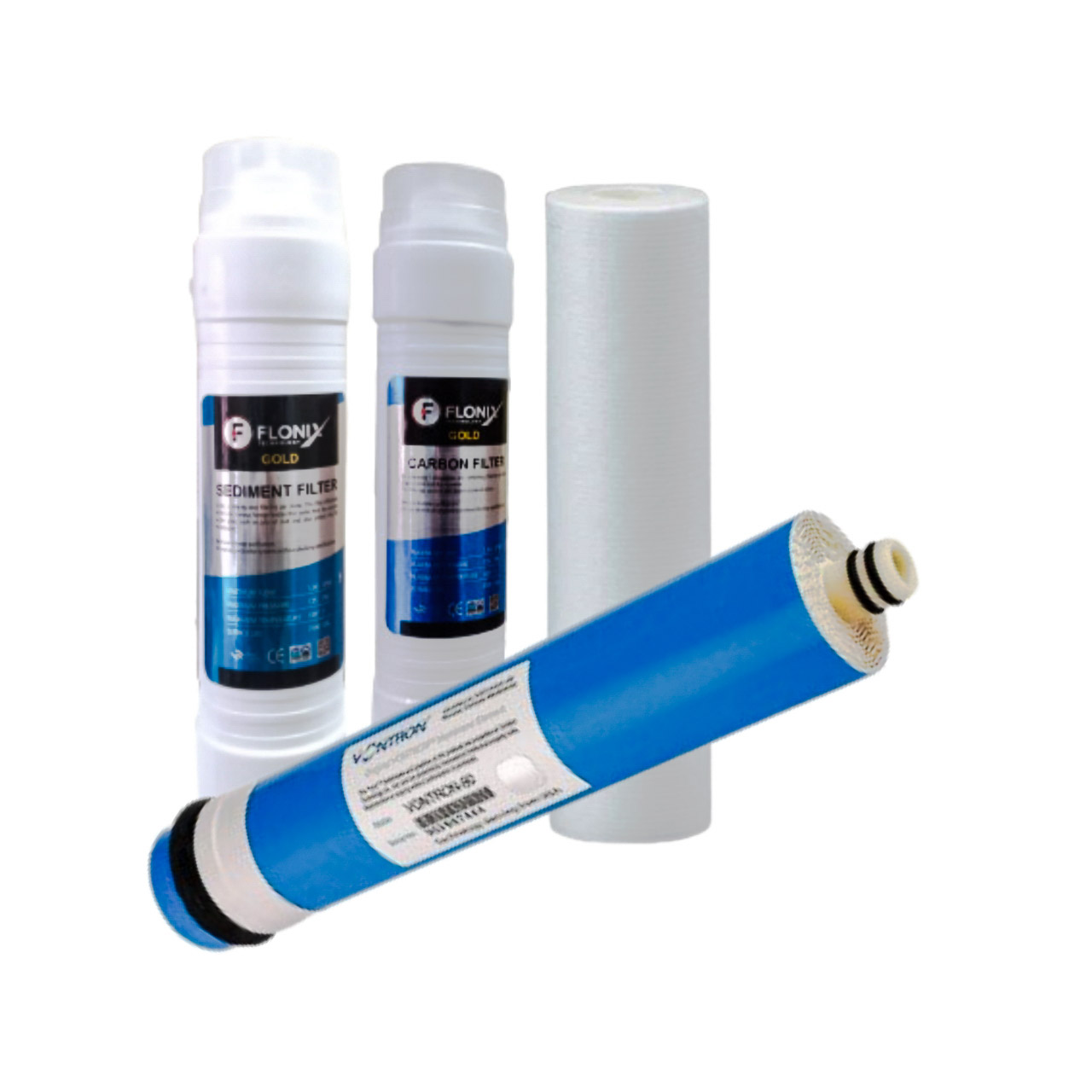RO Inline Filter Cartridge Set (Carbon + Sediment + RO Membrane + Spun Filter) for All RO Systems - White and Blue