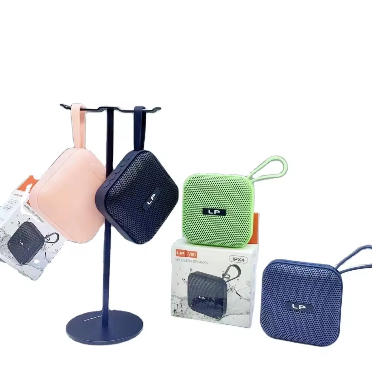Wireless Blue-tooth IPX4- LP V80 Speaker Portable Active USB TF BT Stereo Bass Sound Circular mini Speaker With FM Radio