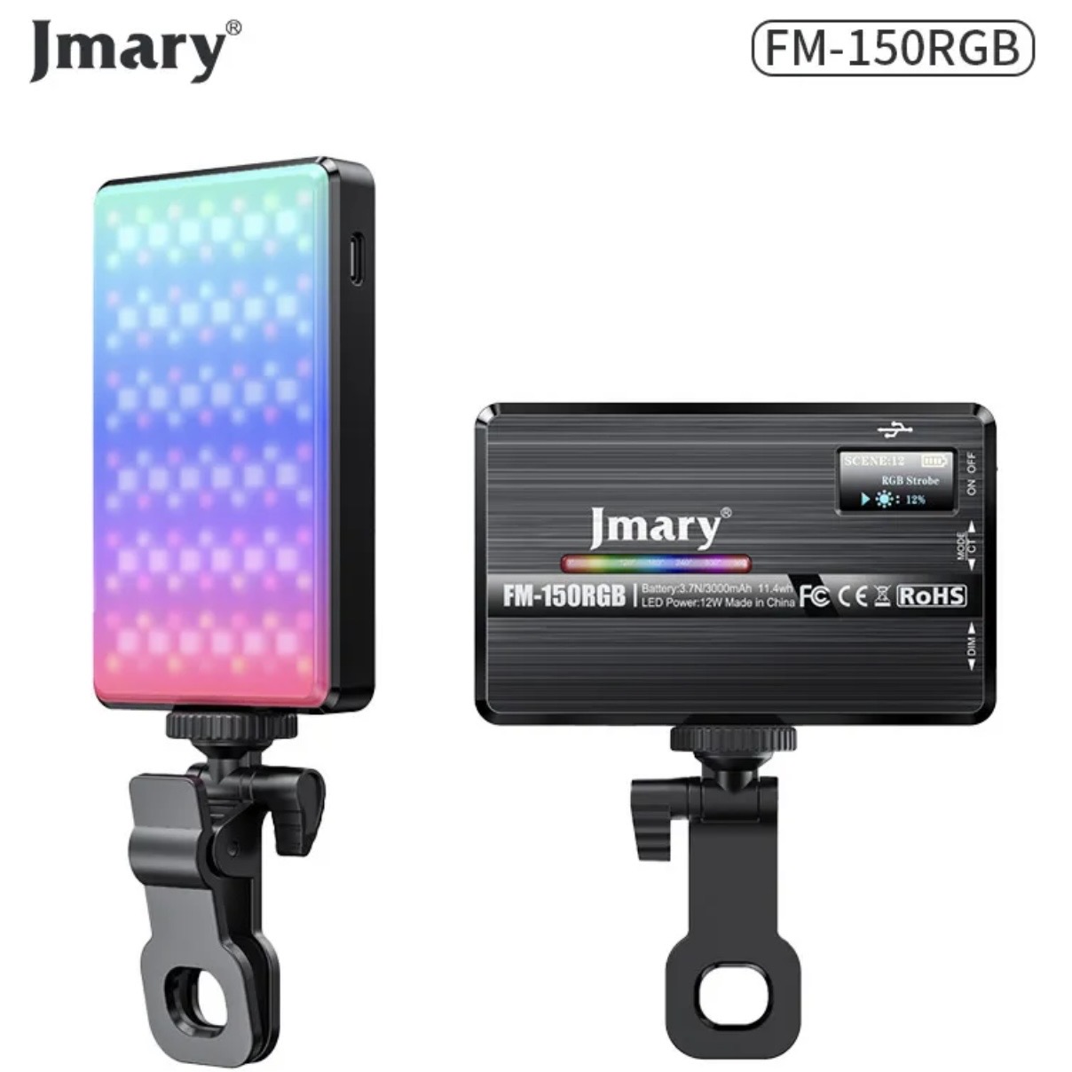 JMARY FM-150RGB Professional RGB LED Video Light - Portable Photography Fill Light for Camera, Phone, Vlogging, Live Stream & Studio Lighting - 3000mAh Battery, Adjustable Color & Brightness