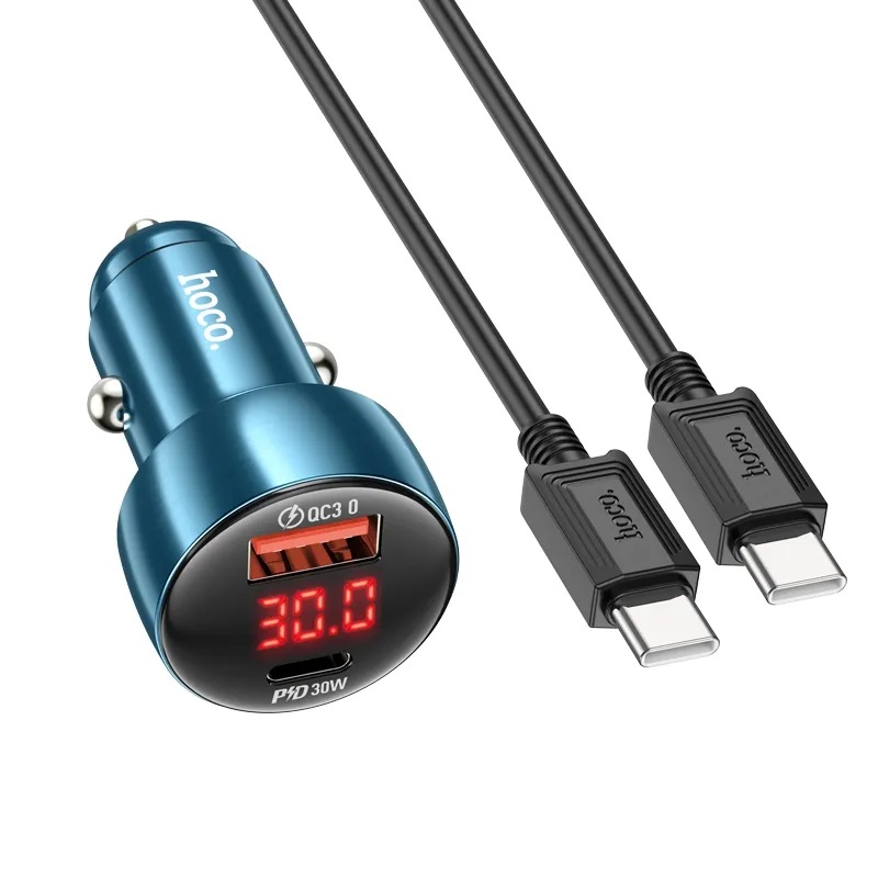 Hoco Leader Z50 Car Charger USB QC 3.0 + Type C + Cable Type C to Type C PD 48W - Blue