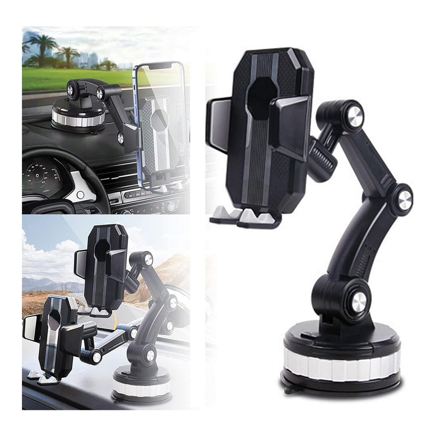 Universal Suction Car Phone Holder For Dashboard & Windshield - Black