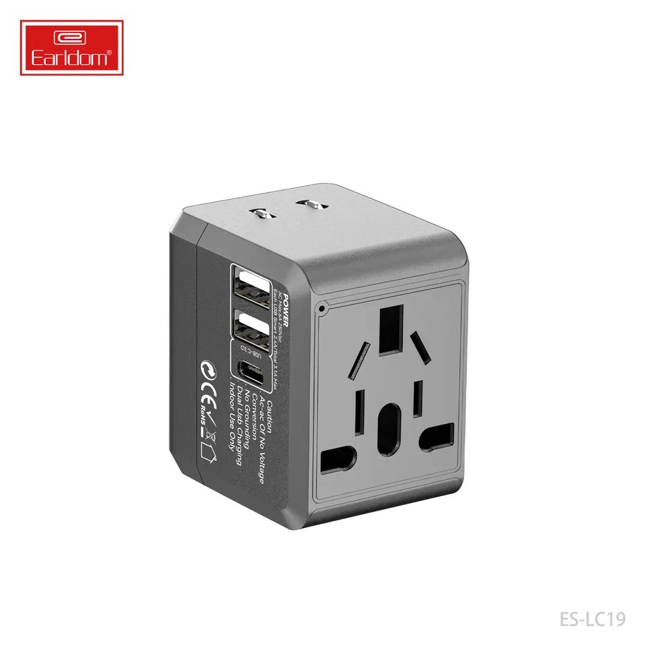Earldom LC19 USB International Travel Adapter With Type C To USB 3.1 Charger - Black