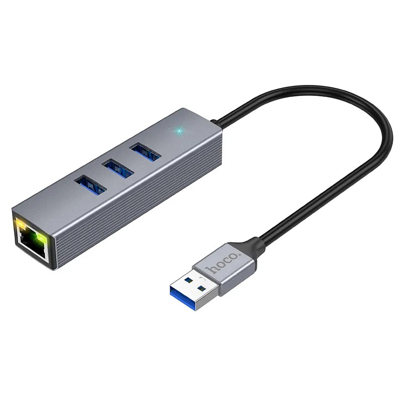 Hoco HB34 USB To 3 USB And RJ45 Gigabyte USB Hub Adapter - Grey