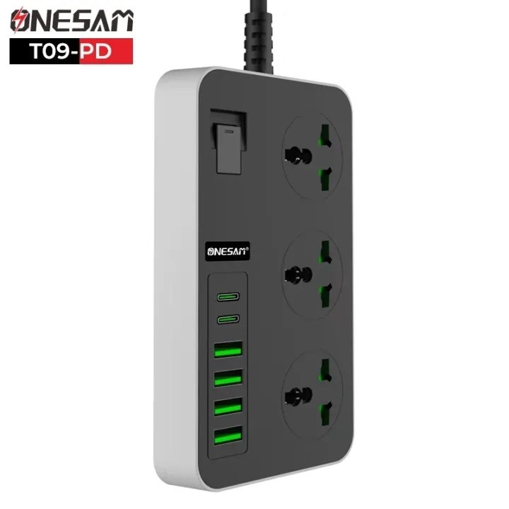 Onesam T09 PD 3000W Electric Power Socket 4 USB + Type-C EU Multiplug - Black
