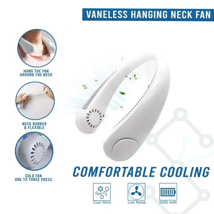 Portable Vaneless Hanging USB Rechargeable Neck Fan Cool Fan  - White