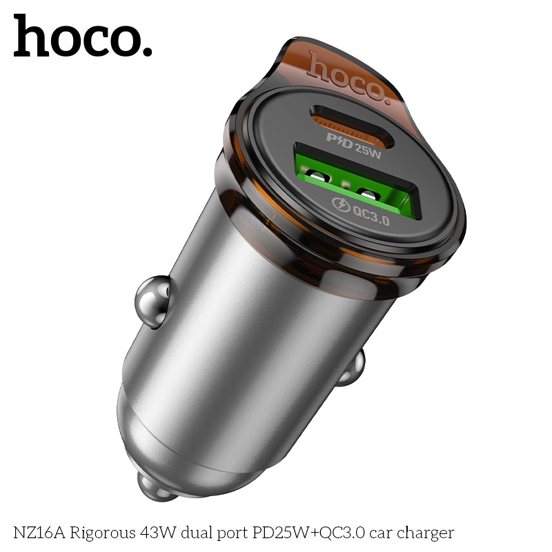 Hoco NZ16A Rigorous 43W Dual‑Port Car Charger (PD 25W + QC 3.0) - Grey