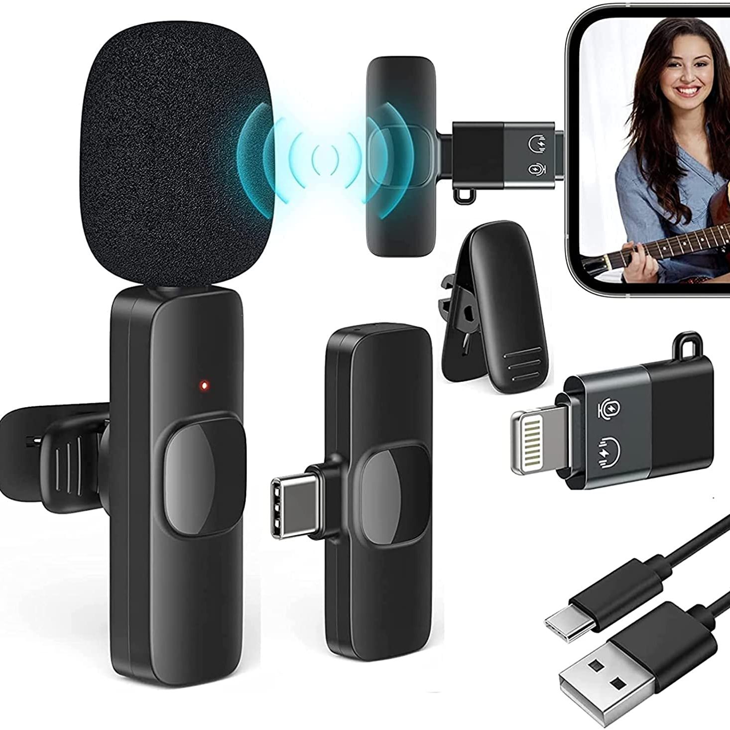 2 In 1 K8 Wireless Recording Microphone For Type-C And iPhone Mobile Phones - Black