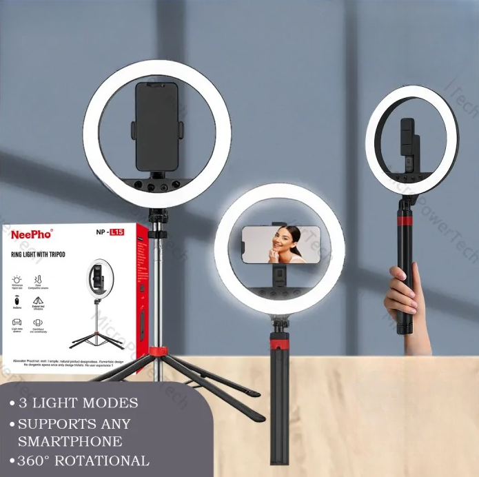 Neepho NP L15 Professional Ring Light Kit With Tripod Stand Selfie Stick - Black