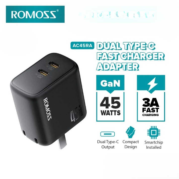 Romoss Ac45Ra 45W GaN Dual Type-C Fast Charger Laptop Adapter - Black