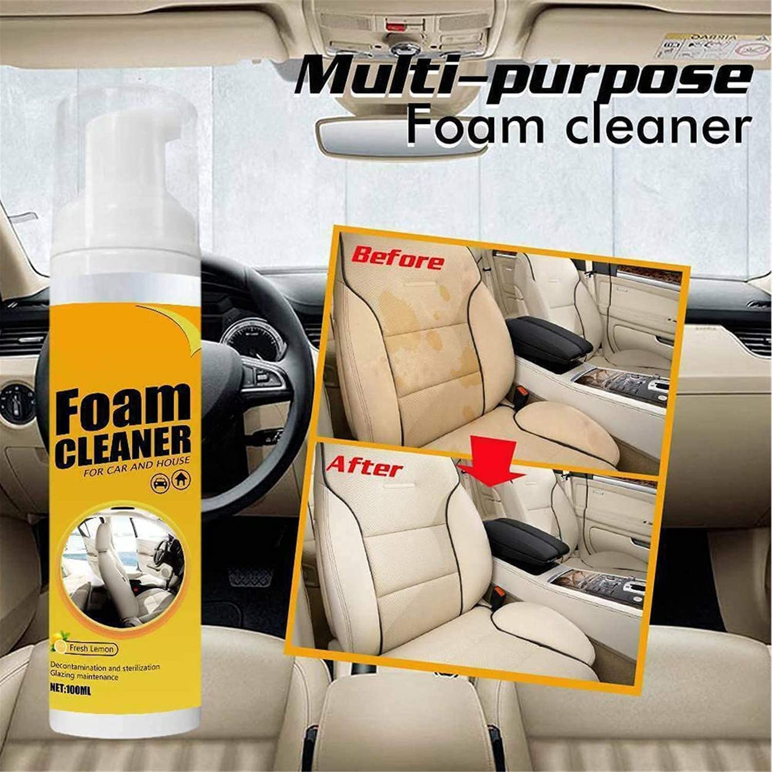 Multipurpose Foam Cleaner Spray For Car And House - Lemon Flavor