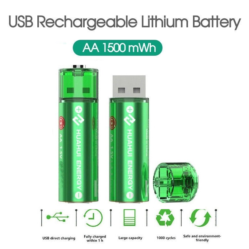 HUAHUI USB Rechargeable Battery 1500mWh AA - Green (Pack Of 2 Pcs)