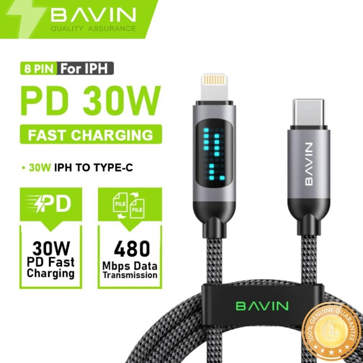 Bavin CB377 1M PD Fast Charging Data Cable 30W With LED Display Nylon Braided - Black