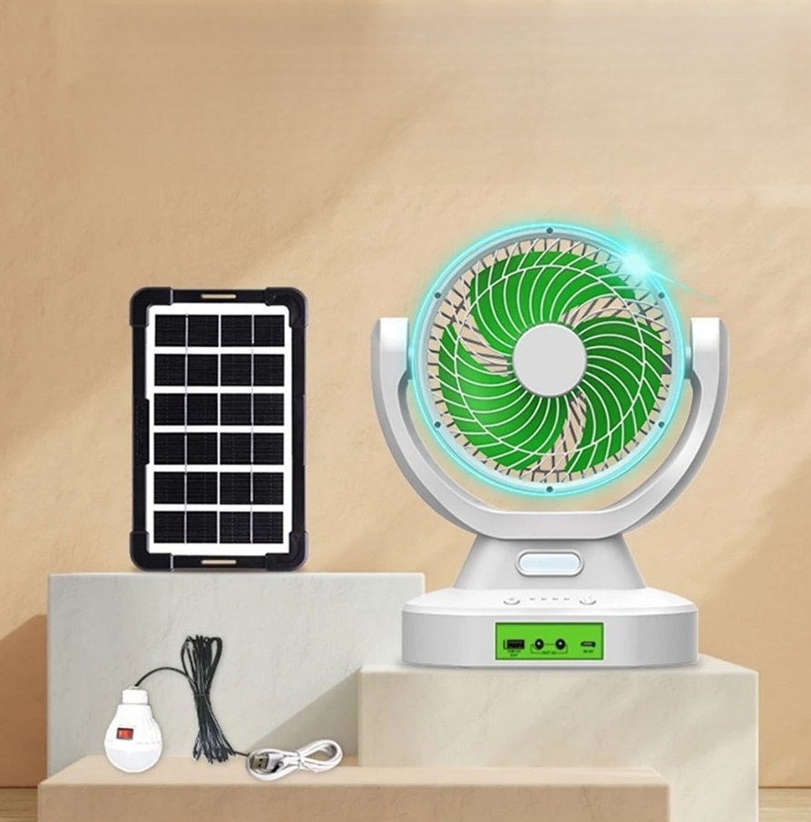 Gdtimes GD8021 7-inch Solar Fan Built-in LED Lighting Electric Fan Rechargeable Outdoor Camping Fan - White