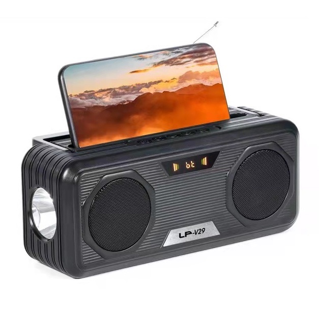 LP-V29 TWS Wireless Bluetooth Portable Speaker Solar Rechargeable Torch Light Super Bass FM Radio TF Slot - Black