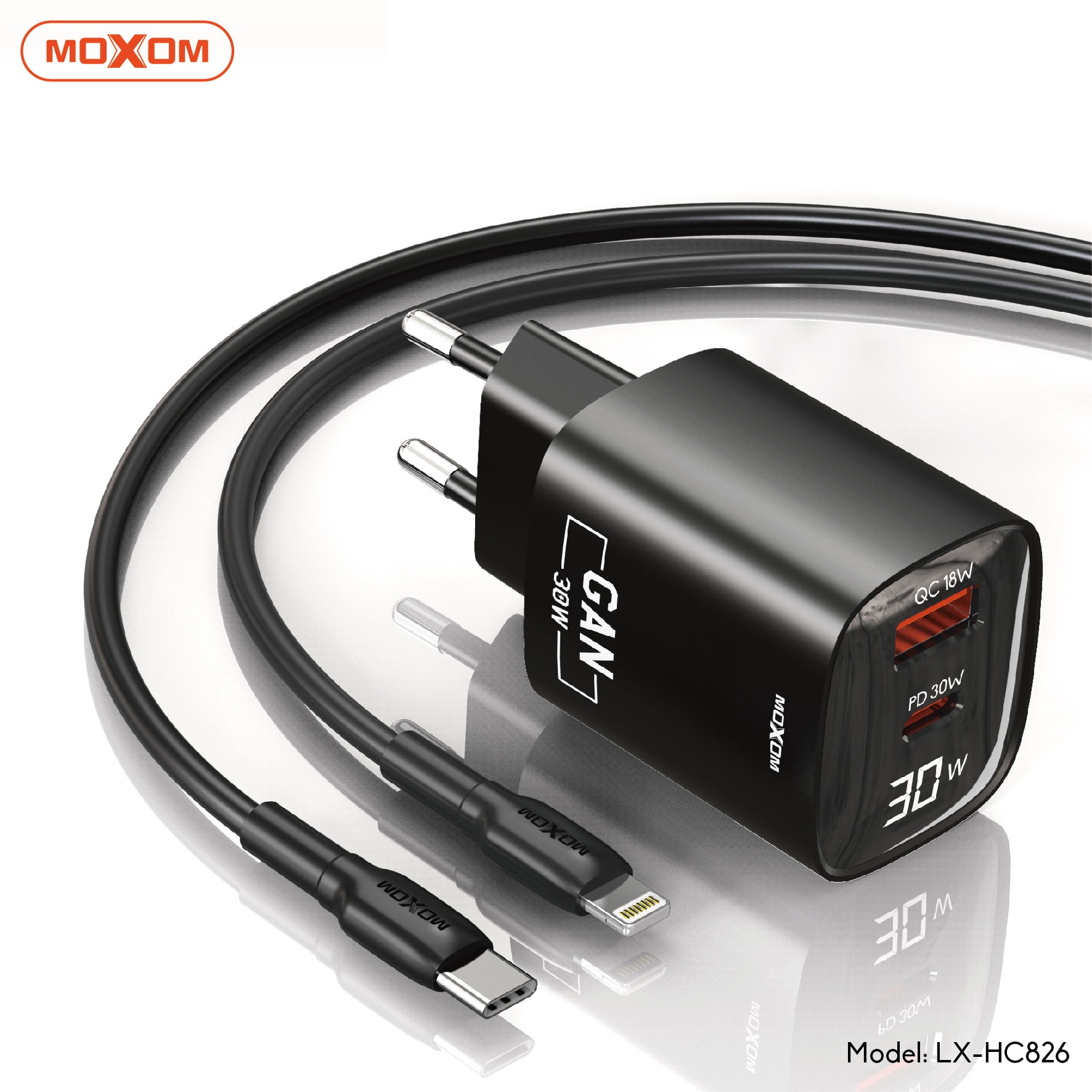 Moxom LX HC826 30 Watt GaN Charger Digital Display With Type C Cable - Black