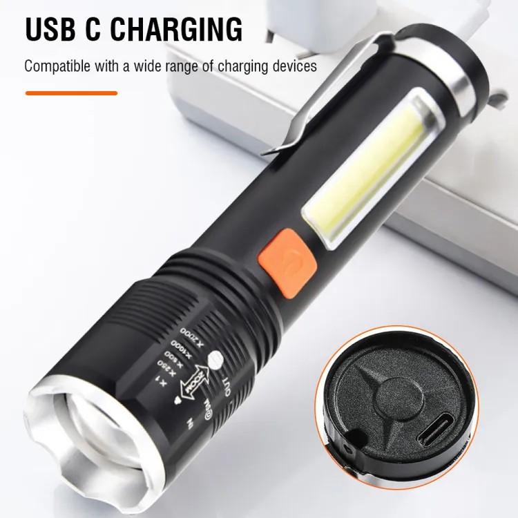 XH-P50 USB Rechargeable Retractable Zoom LED COB Torch Light With Pen Buckle Rope - Black