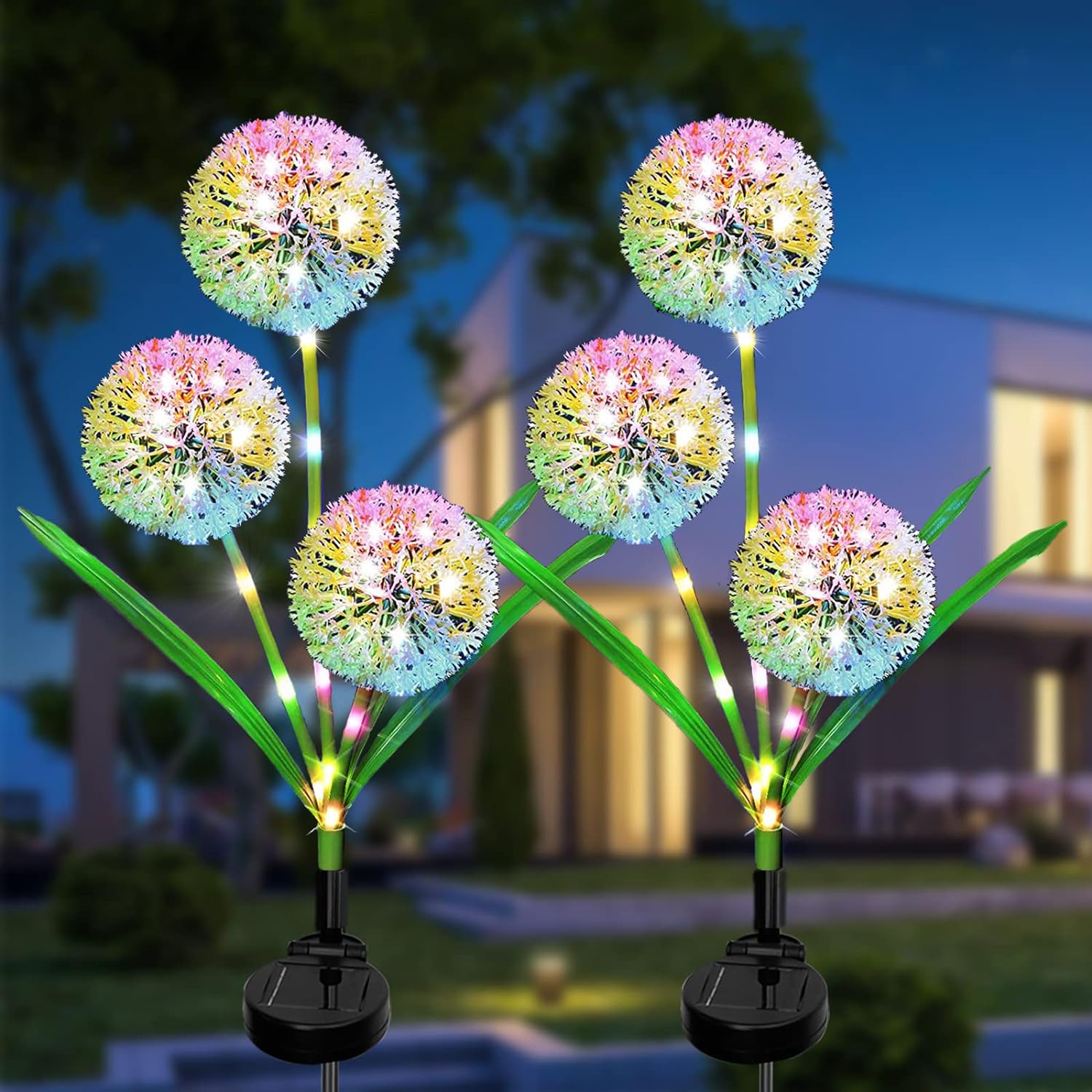 Outdoor Solar Garden Dandelion Lights With Color Changing 2 Modes IP65 Waterproof - Black (2 Piece)