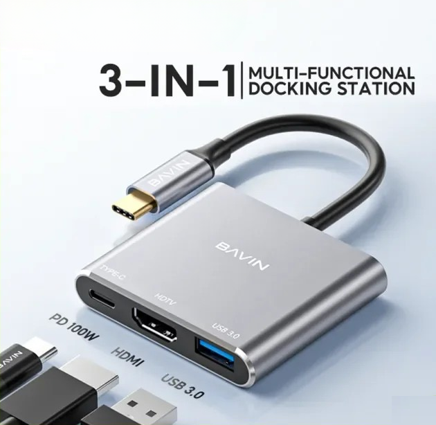 Bavin O55 3In1 Type C To Hdmi 4K Hub With Usb Port 3.0 100W PD USB-C Port Hdtv - Silver