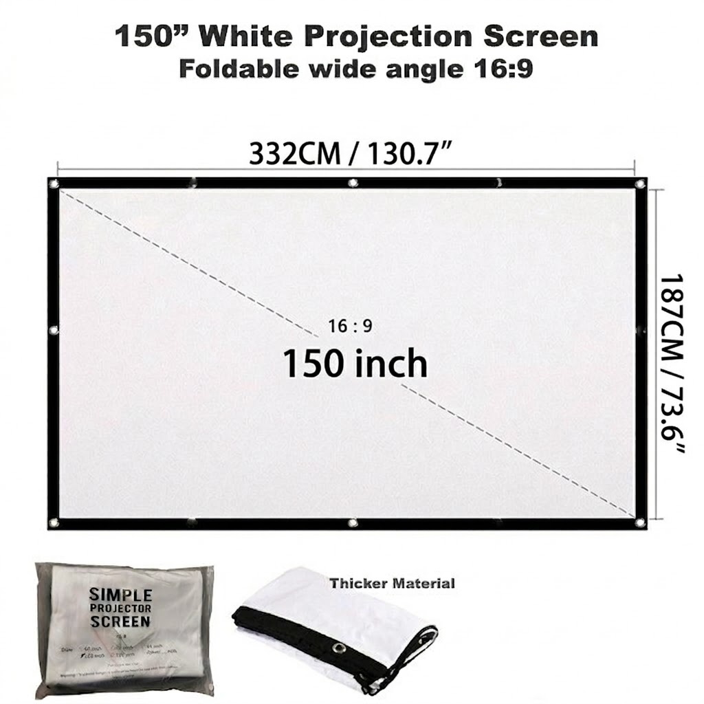 150 Inch Indoor Outdoor Dual Front Rear Portable Projector Screen - White
