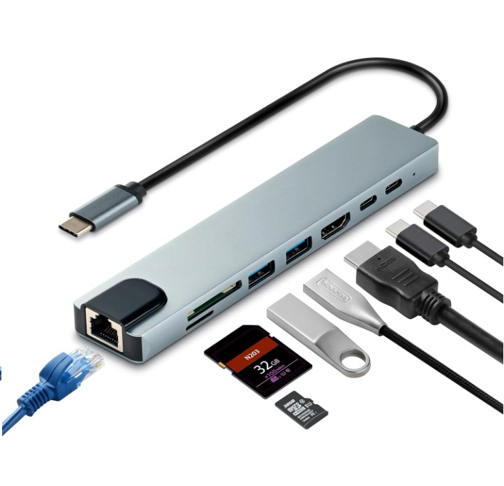 8 In 1 USB Hub C To HDMI RJ45 Adapter - Silver