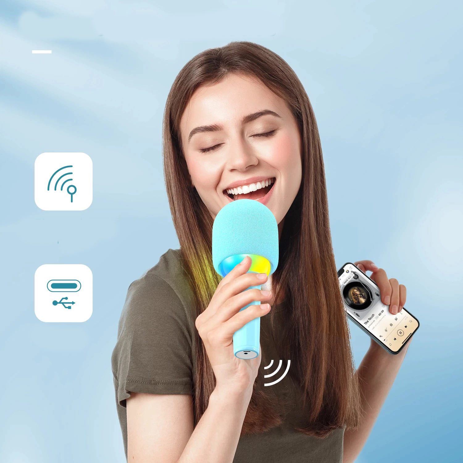 Fifine Wireless Bluetooth Karaoke Mic Speaker Smartphone Party Recording - Blue