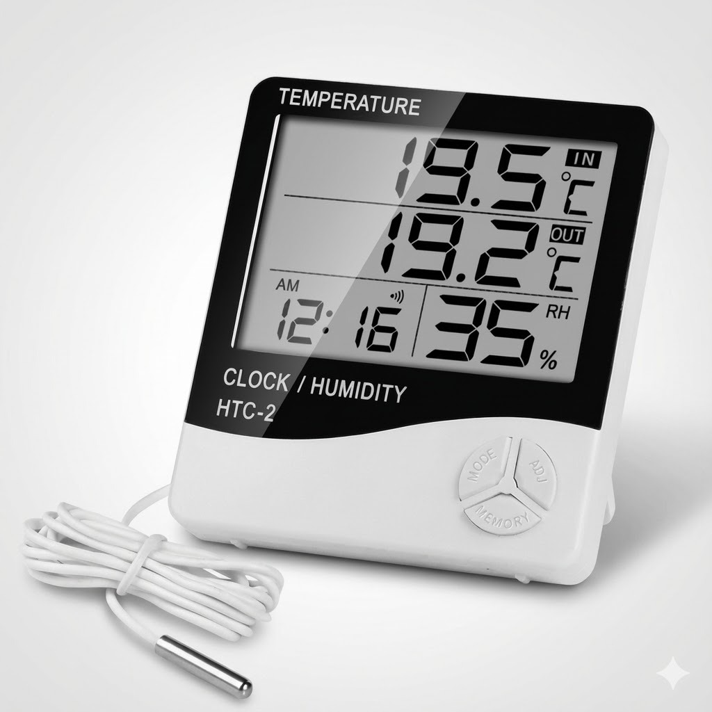 HTC-2 Digital Temperature & Humidity Meter with Clock and External Probe (°C/°F) - White