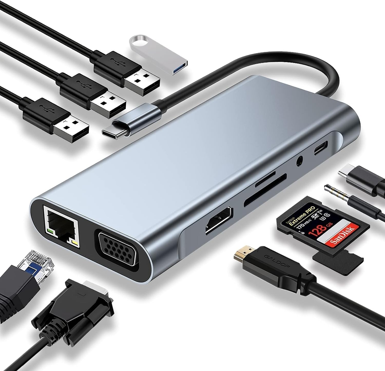 11 In 1 USB C HUB Adapter Dongle - Grey