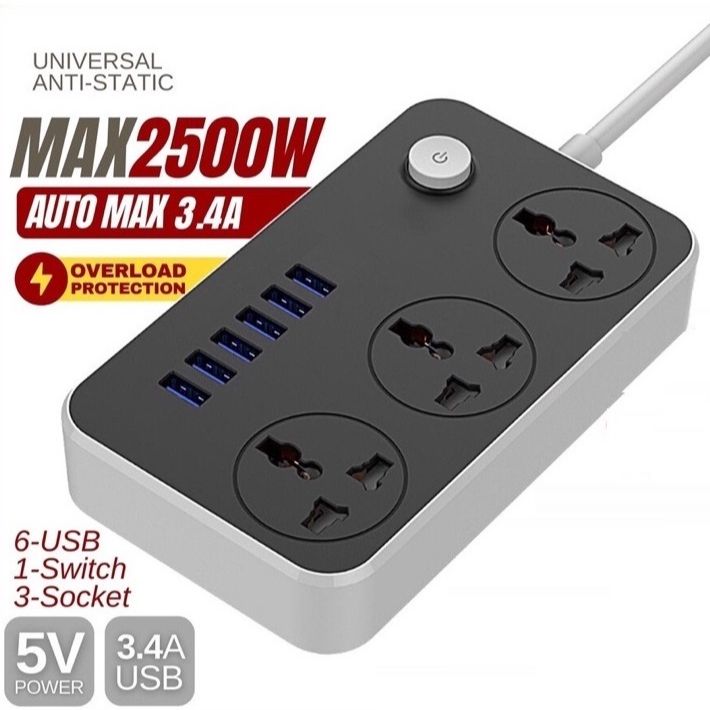 3.4A Power Strip with 3 AC Outlets & 6 USB Charging Ports - Deep Grey